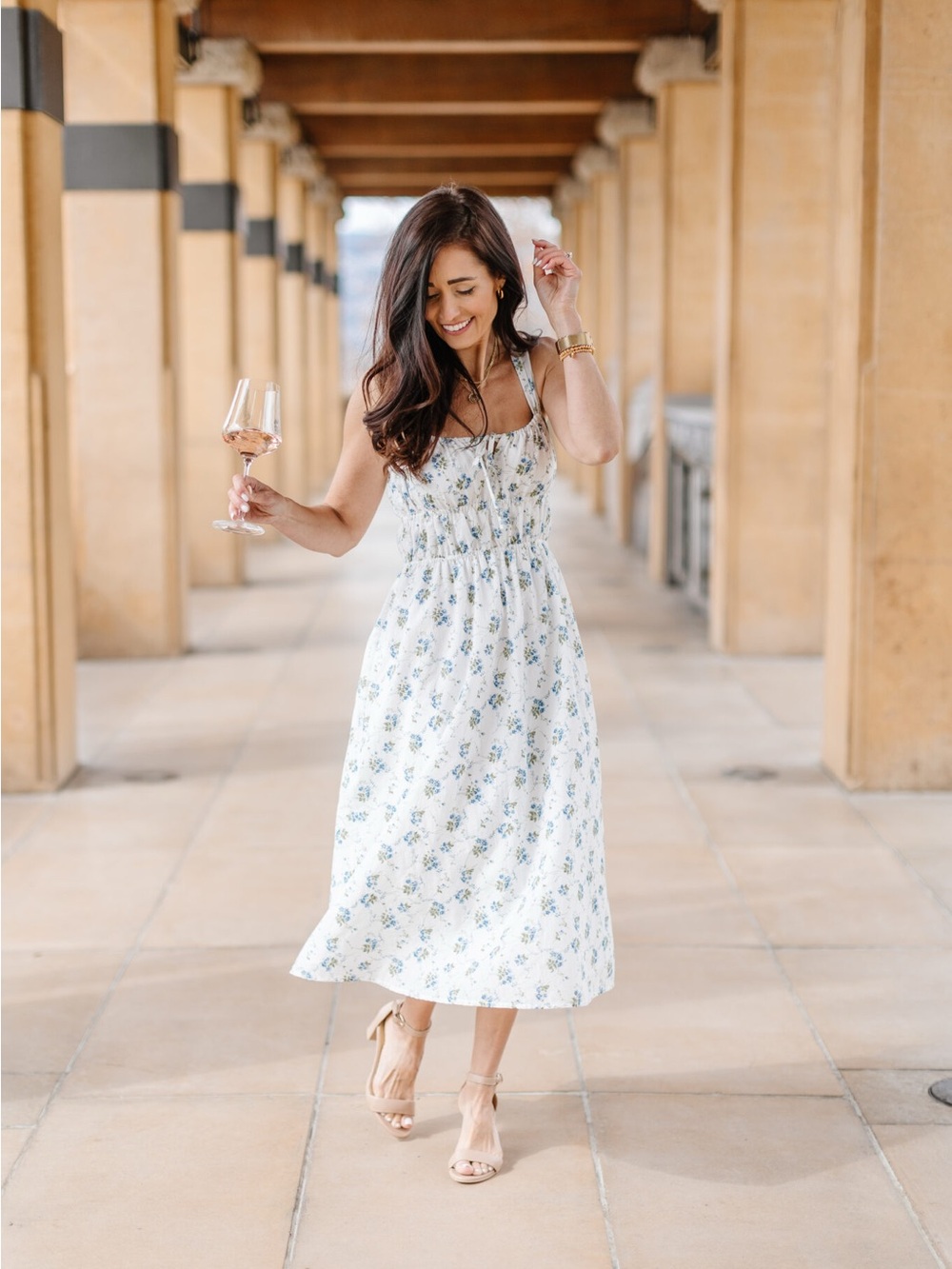 Priv x Fraîche White Midi Dress with Blue Floral Print
